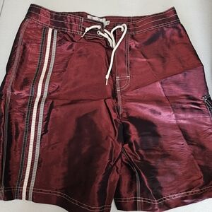 Men's Burgundy Swim Board Shorts with Stripes
